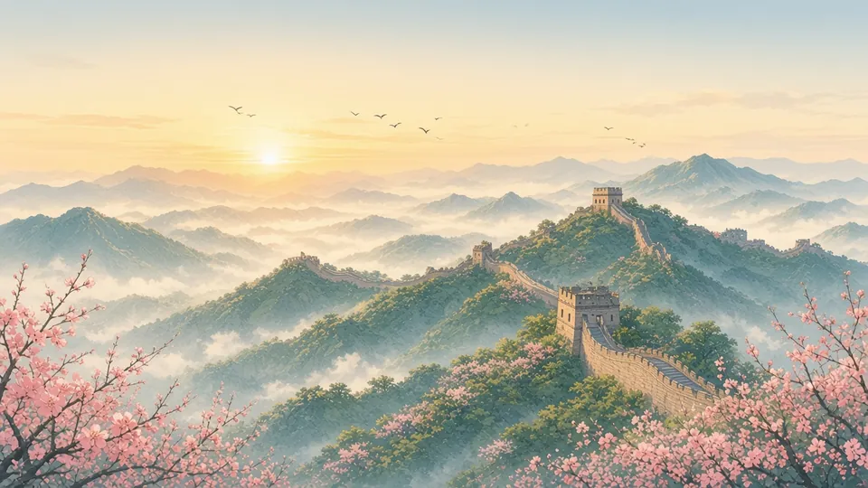 Painting of the Great Wall winding over green mountains.