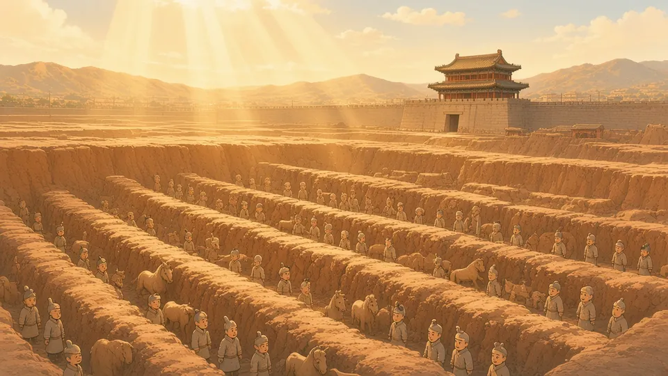 Painting of rows of Terracotta Warriors near Xi'an.