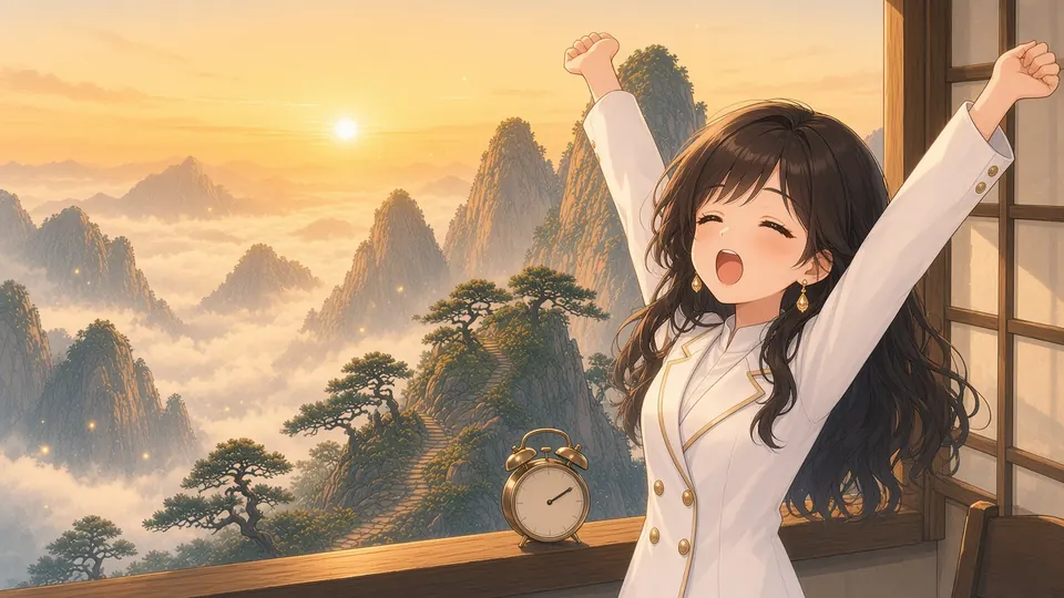 Laura stretching and yawning by a window at sunrise, Huangshan's sea of clouds and pines outside, an alarm clock on the sill.