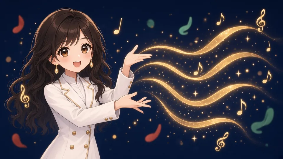 Laura conducting four glowing gold ribbons of sound in the air, like a music teacher.