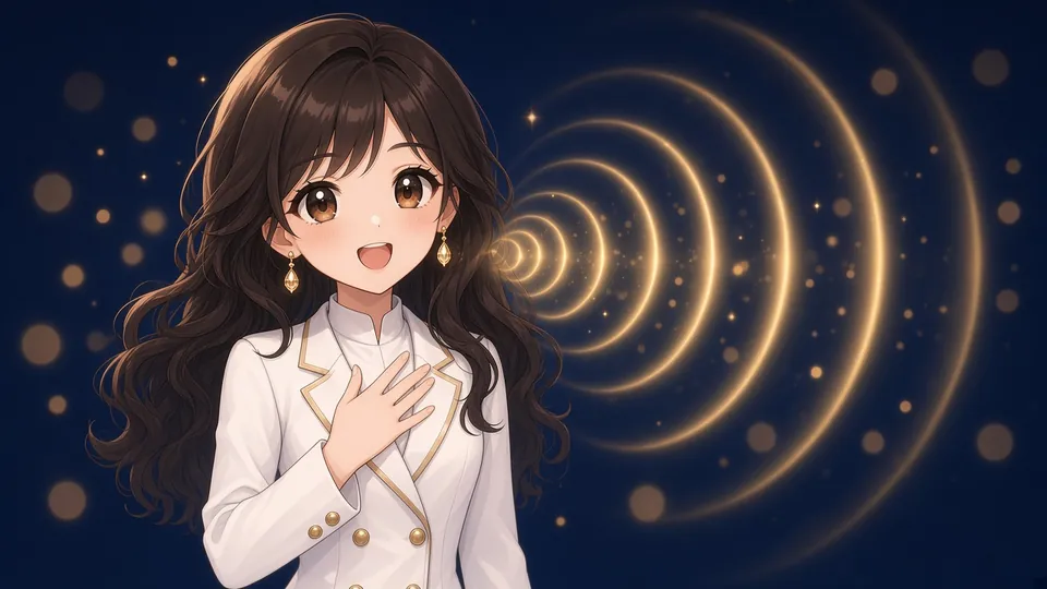 Laura singing open vowels as soft round sound waves ripple outward.