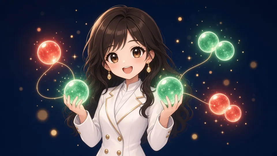 Laura juggling pairs of linked glowing orbs, one changing colour in mid-air.