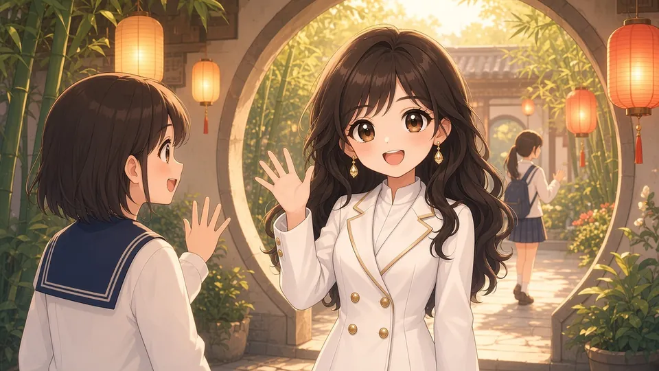 Laura waving hello to a friendly student at a moon-gate courtyard entrance.