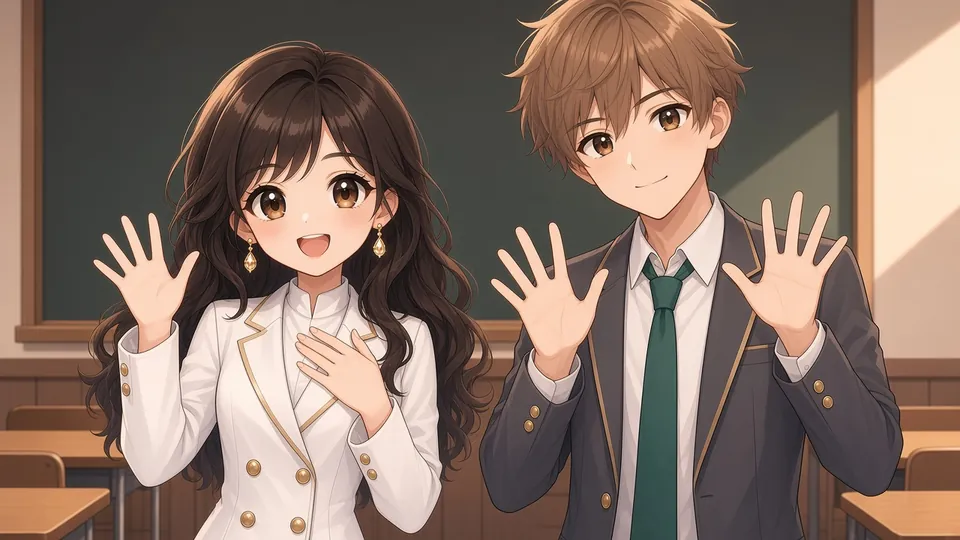 Laura pointing to herself with a confident smile while a friend looks on.