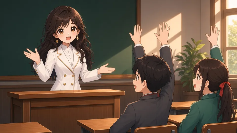 Laura teaching at a wooden classroom desk while two students raise their hands.