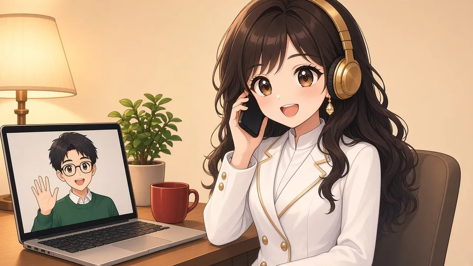 Laura with headphones and a phone, chatting with a friend on a laptop video call.