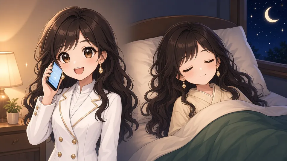 Two scenes of Laura: chatting on the phone, then sleeping peacefully under a crescent moon.