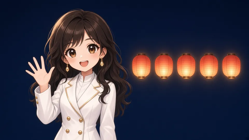 Laura holding up five fingers beside five glowing floating lanterns.