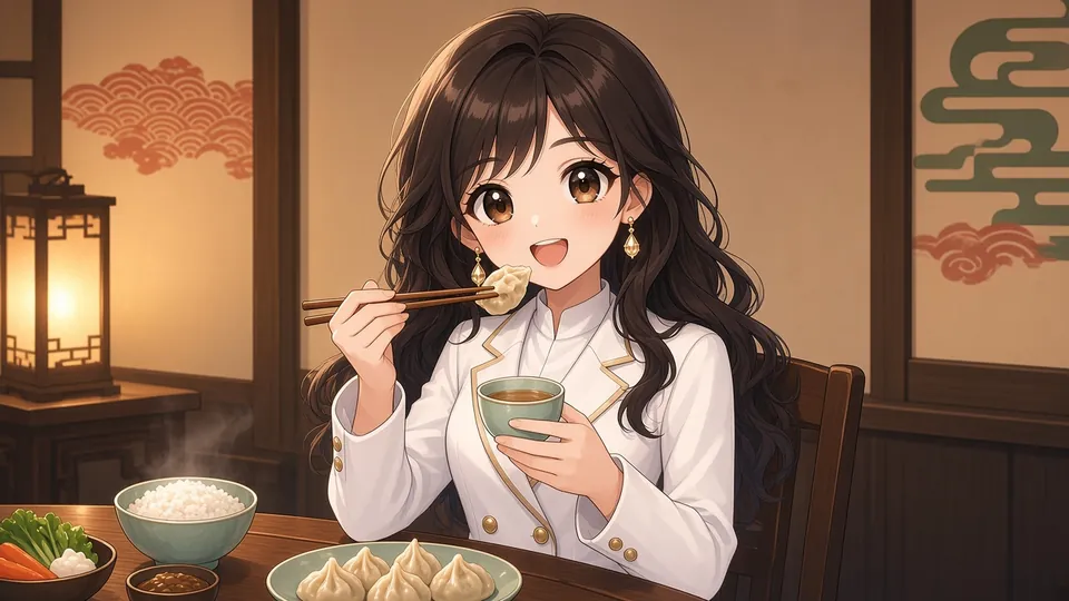 Laura happily eating a dumpling with chopsticks and holding a cup of tea.