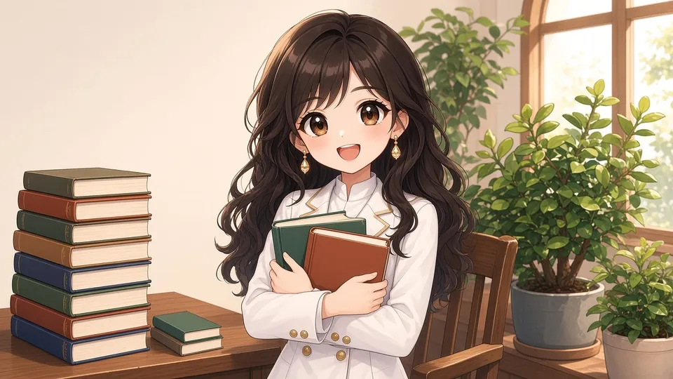 Laura hugging two books beside a tall stack and a tiny stack of books.