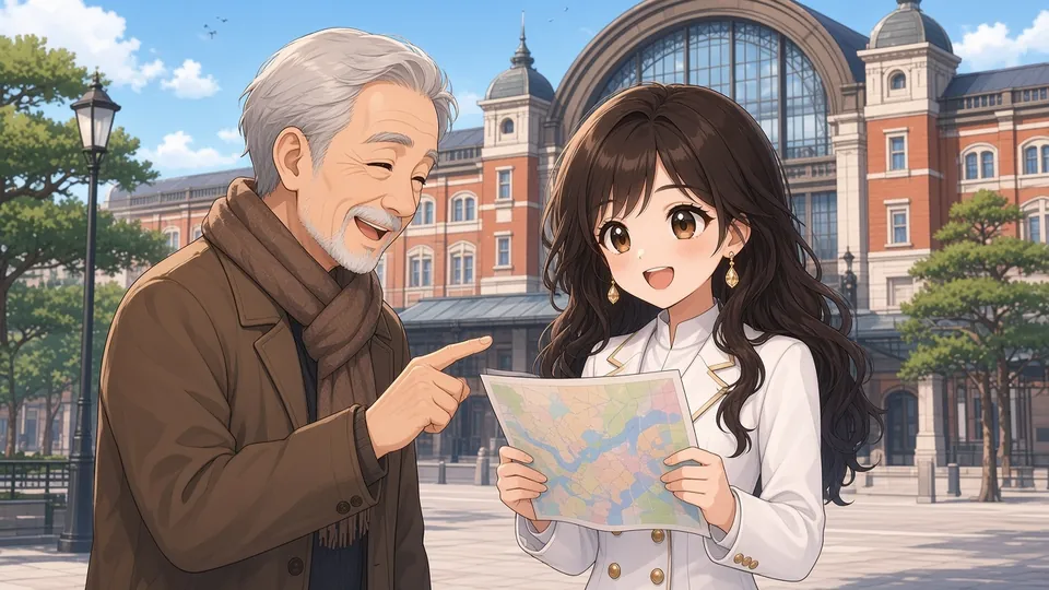 Laura holding a map outside a grand train station while an elderly man points the way.